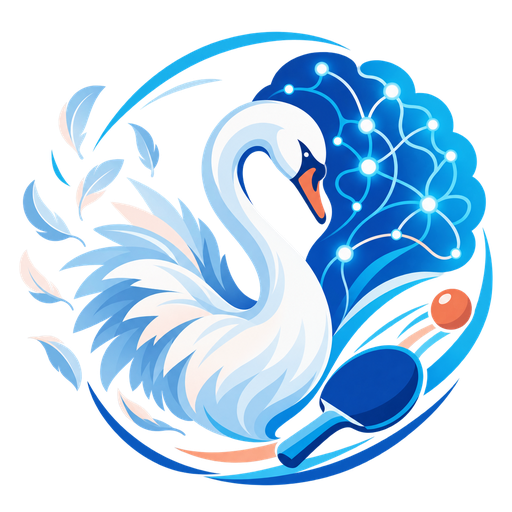 A swan whose wing is drawn as a network of neural connections, beside a table tennis bat and ball